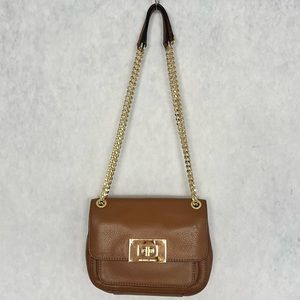 Michael Kors leather camel tan brown crossbody messenger bag with gold